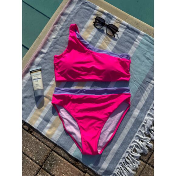 NWOT, Brand Unknown, One Shoulder Bikini, Pink and Purple, Sz XL - Picture 1 of 11